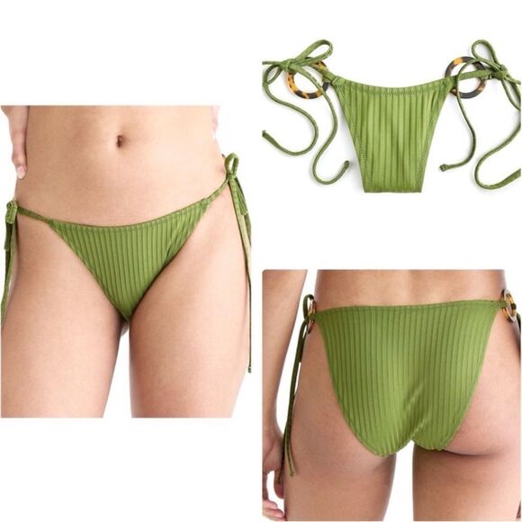 J Crew Canteen Green Wide Rib Tortoiseshell Ring String Bikini Bottom Sz S NWT - Picture 1 of 12